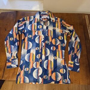vintage 1970s geometric pattern button-up shirt rainbow gay lgbtq disco mens sma